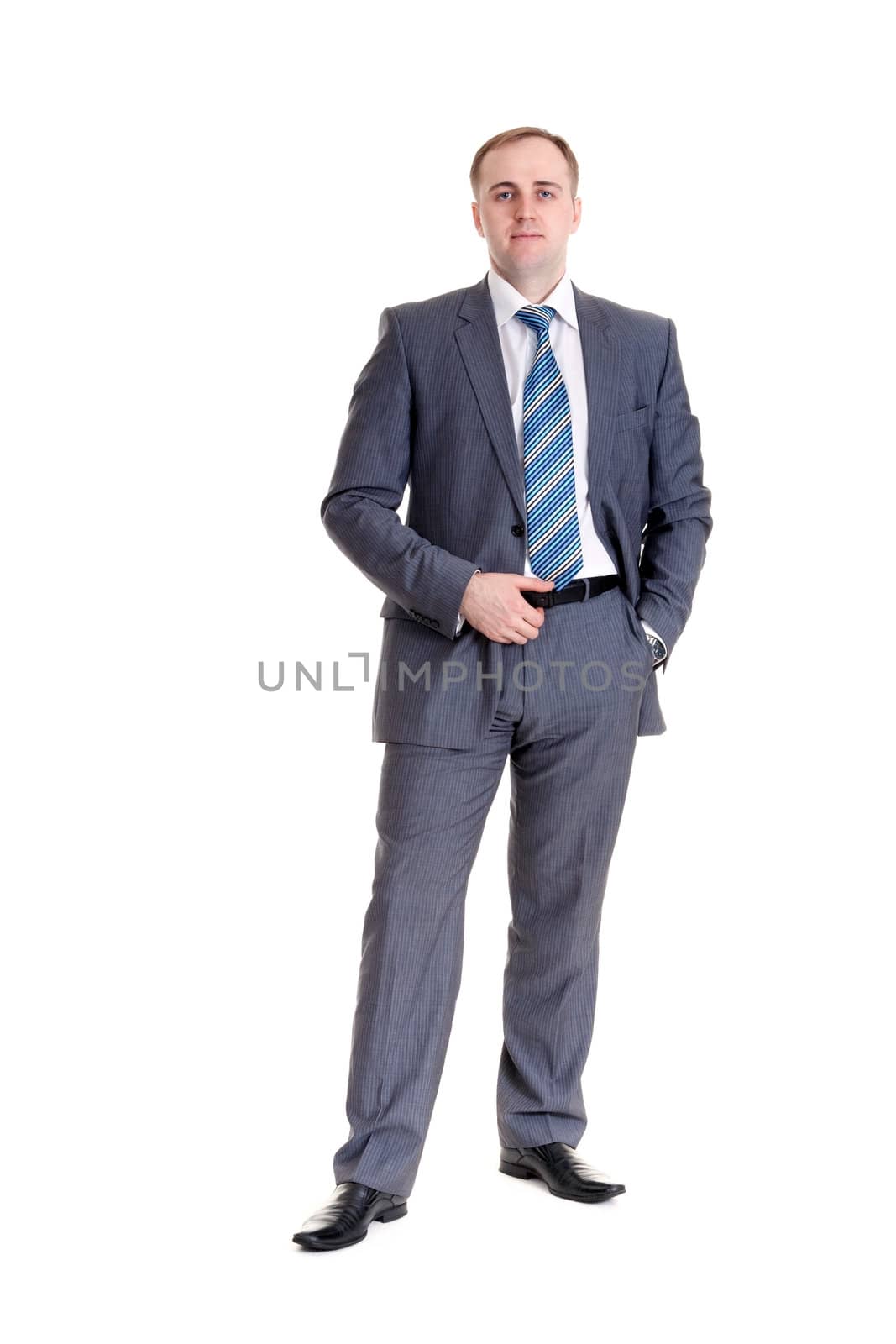 young businessman in a gray suit with a white background