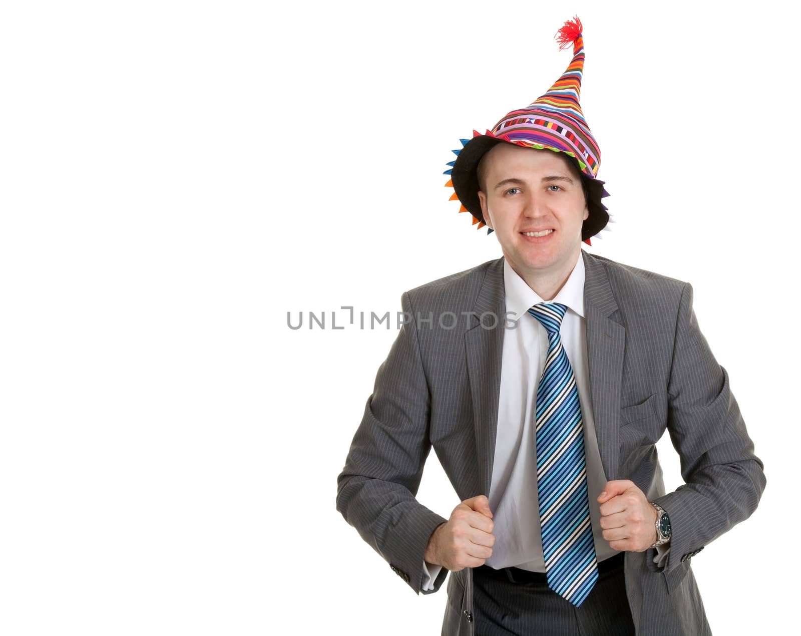 businessman in a colored cap on a white background
