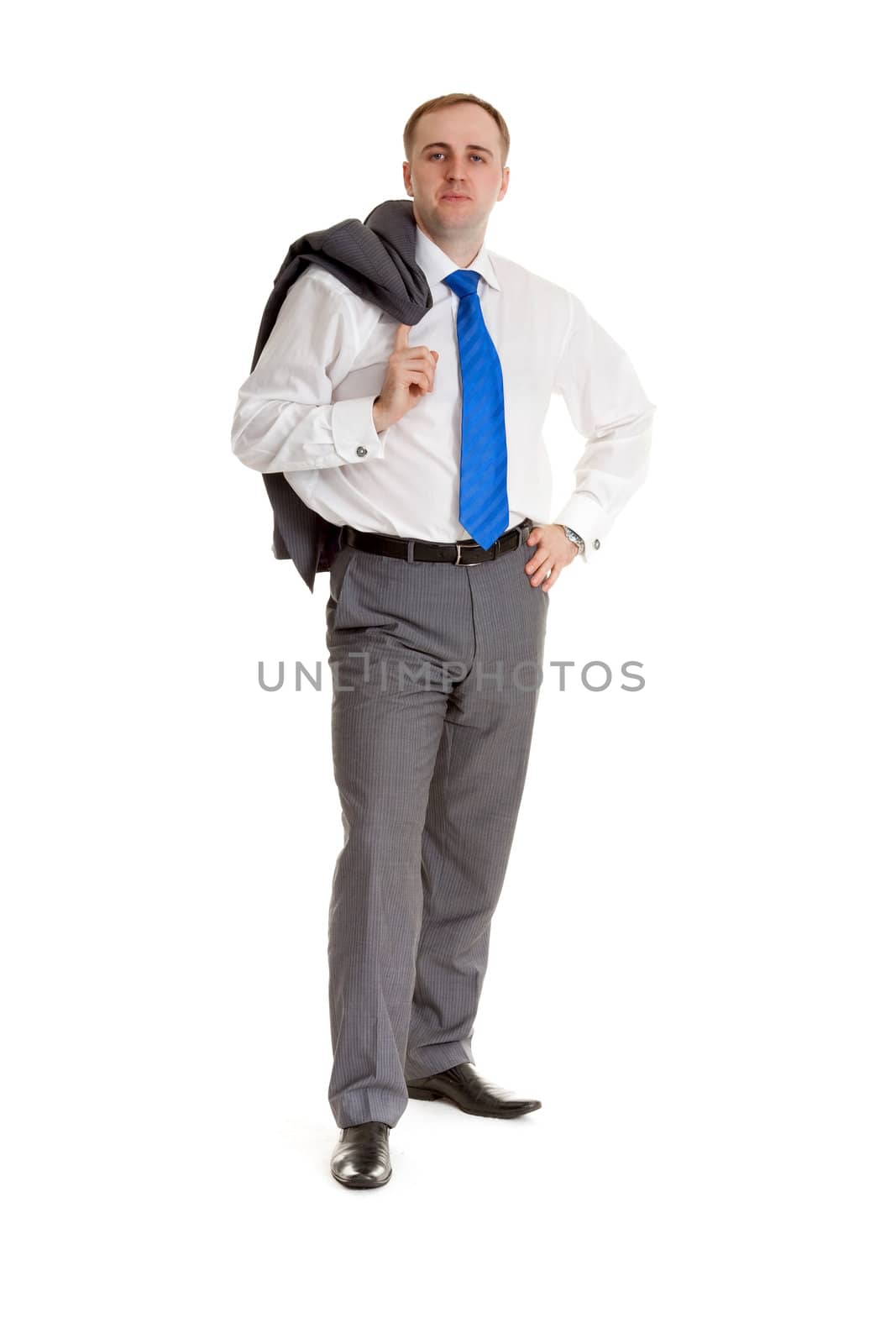 Man in a shirt and tie with a jacket over his shoulder