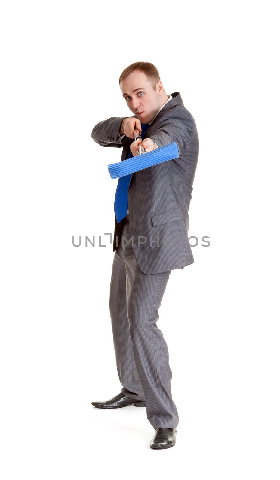 Businessman in a gray suit with a blue mop