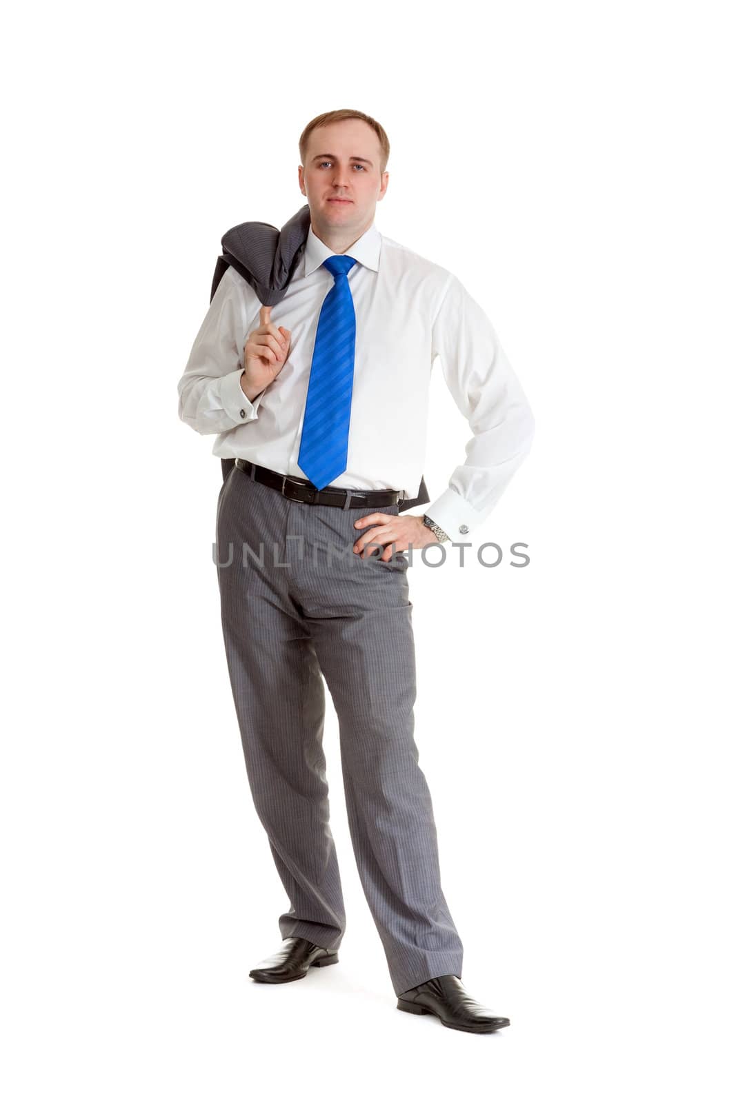 Man in a shirt and tie with a jacket over his shoulder