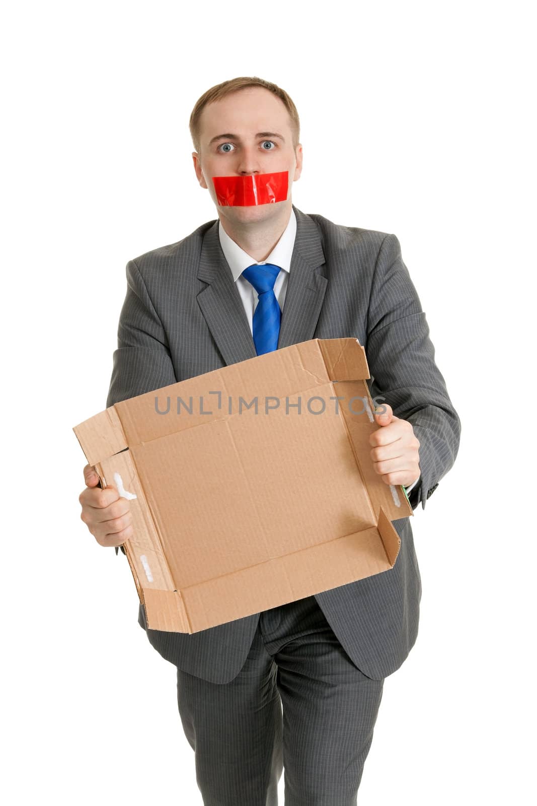 Businessman with his mouth sealed with red tape and cardboard in their hands