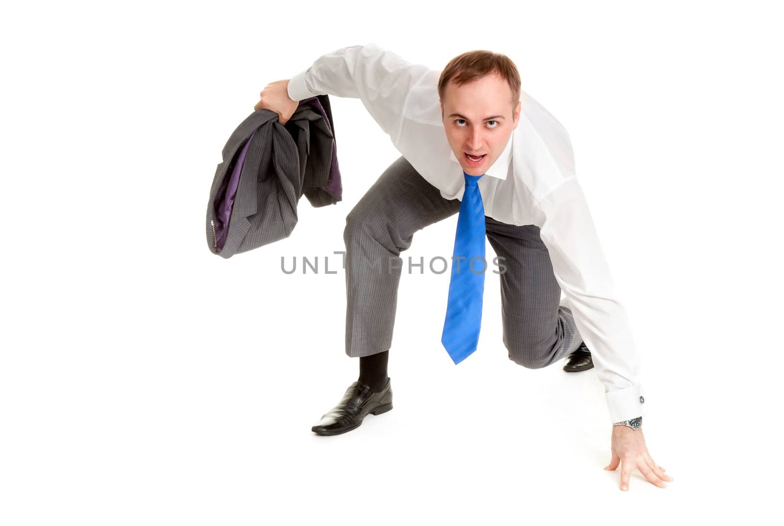 Man in gray suit and blue tie prepares to run