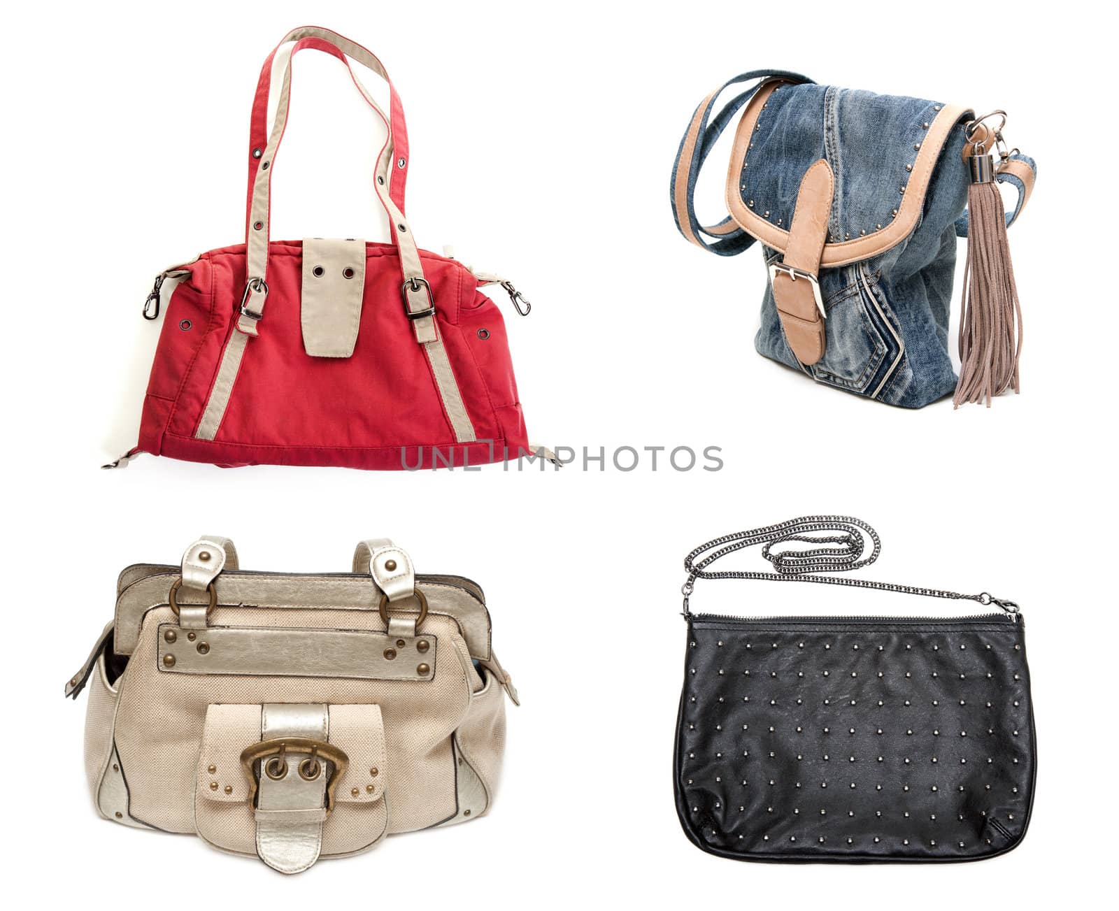 collage of four handbags isolated on a white background. Image composed of multiple photos