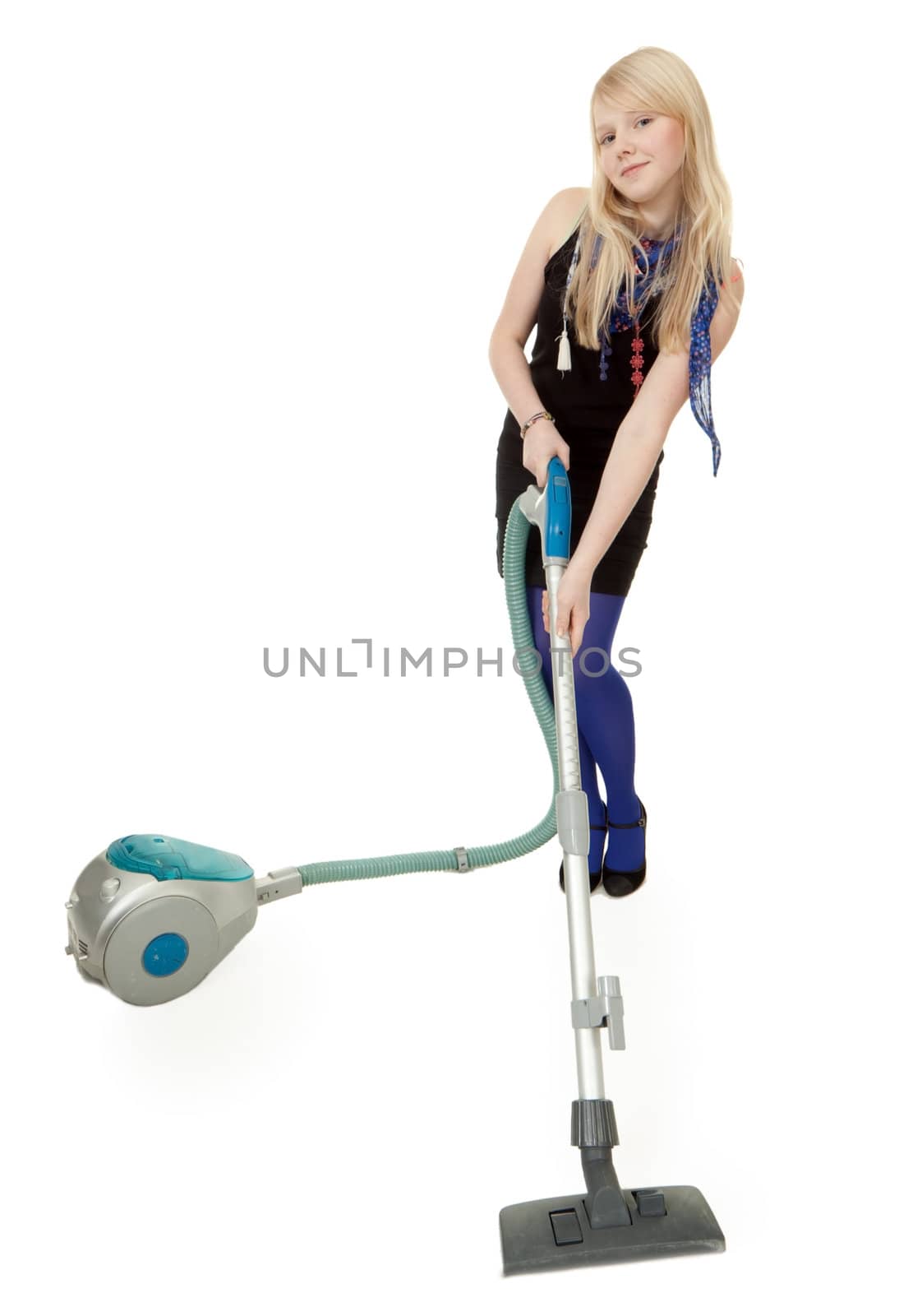 The girl in blue tights with a vacuum cleaner