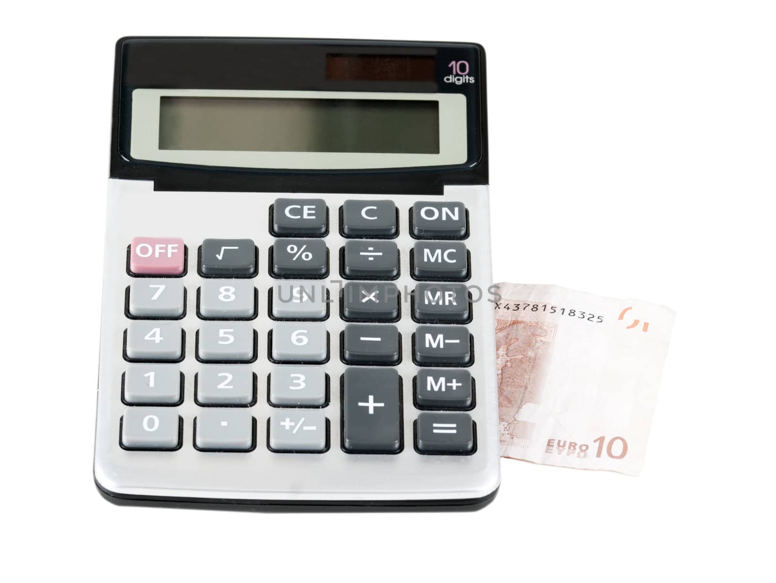 Electronic calculator, and note 10 euros on a white background