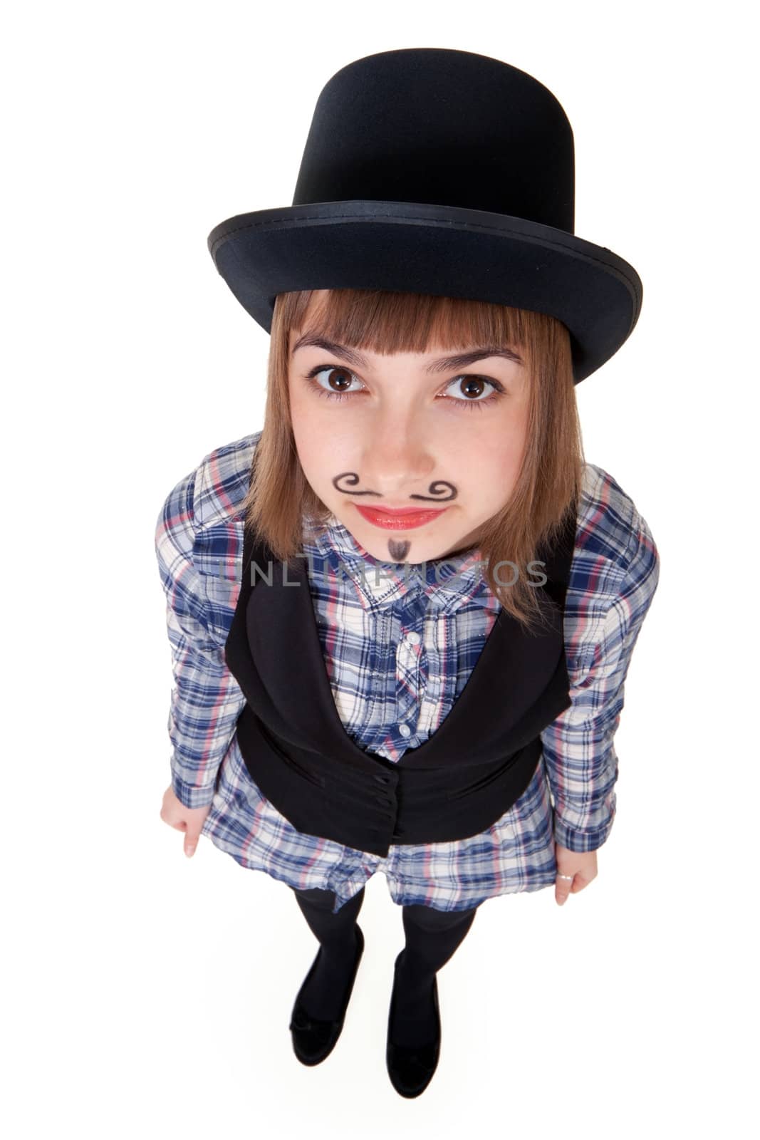 girl with painted mustaches and bowler hats on white background