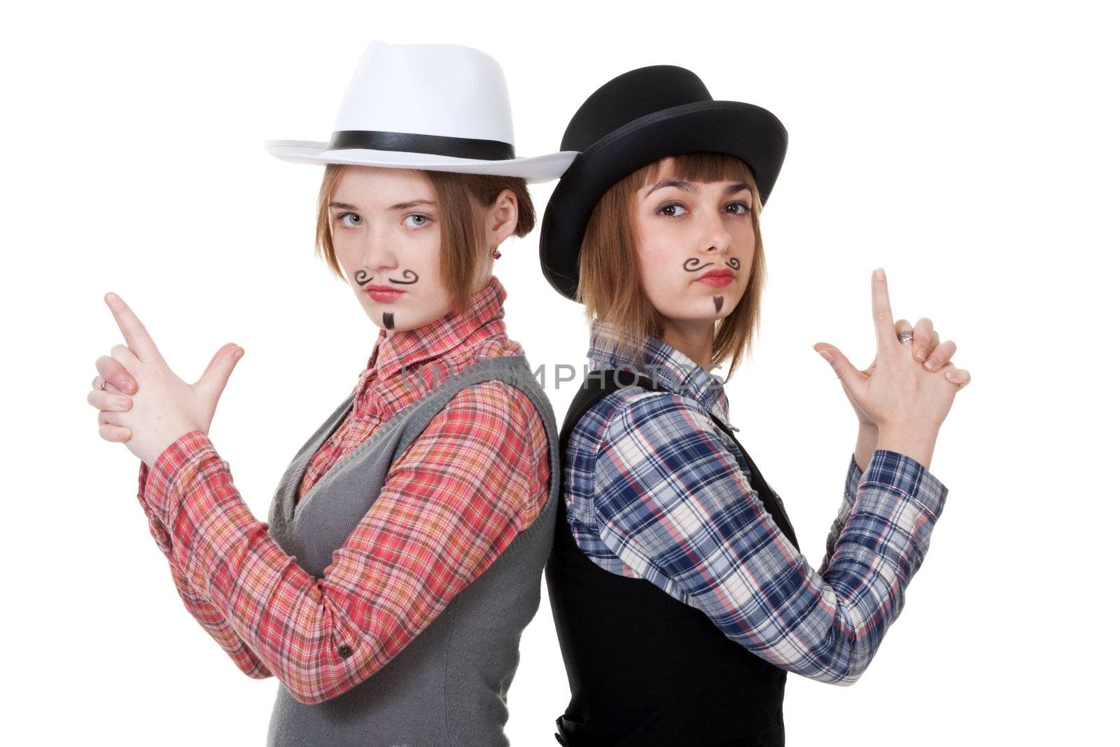 Two girls with painted mustaches and bowler hats on white background