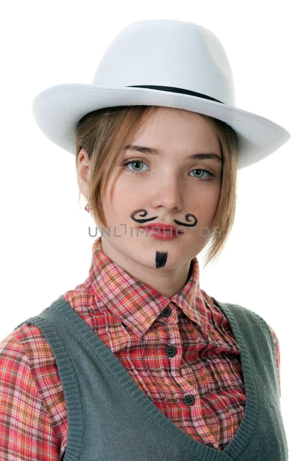 girl with painted mustaches and bowler hats on white background