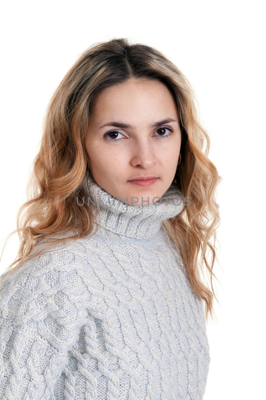portrait of a beautiful blonde girl on a white background