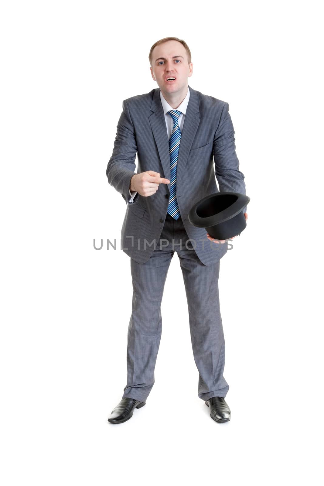 businessman in a black hat on white background