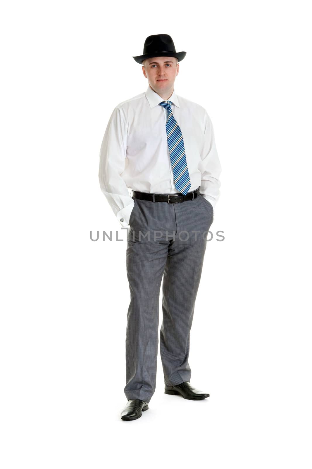 businessman in a black hat on white background