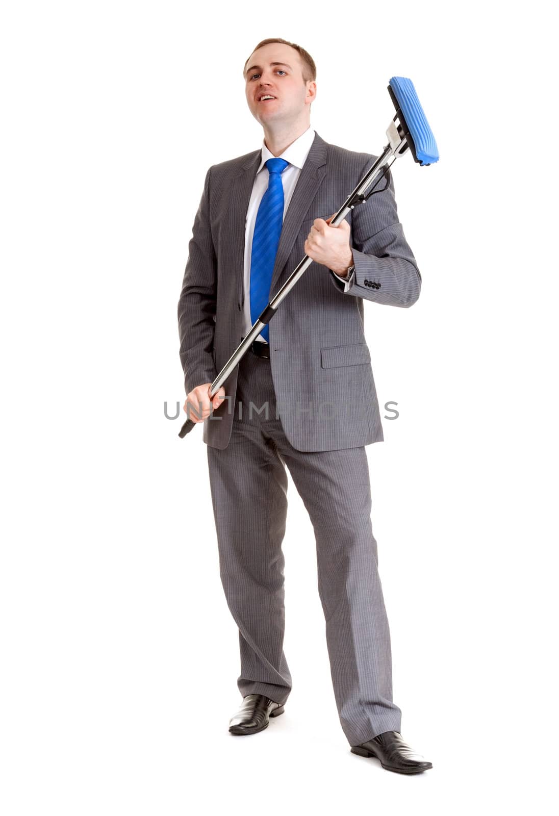Businessman in a gray suit with a blue mop