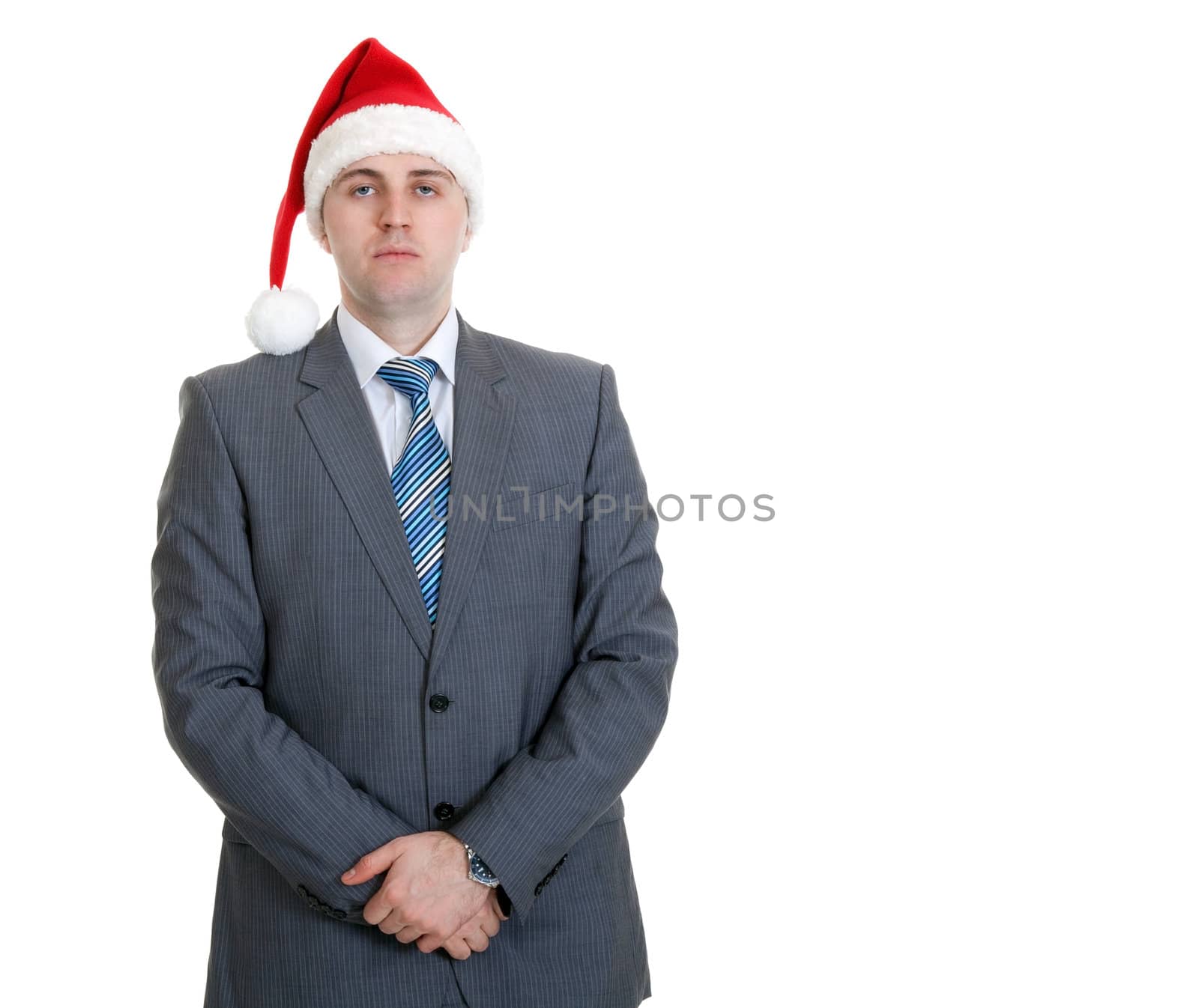 businessman in the Santa hat on a white background