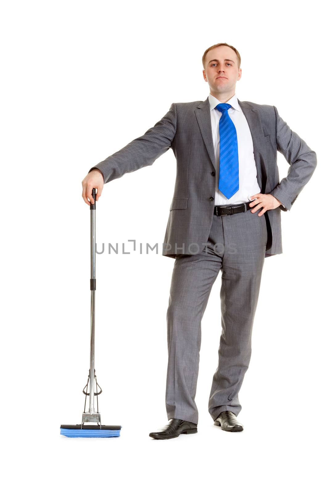 Businessman in a gray suit with a blue mop