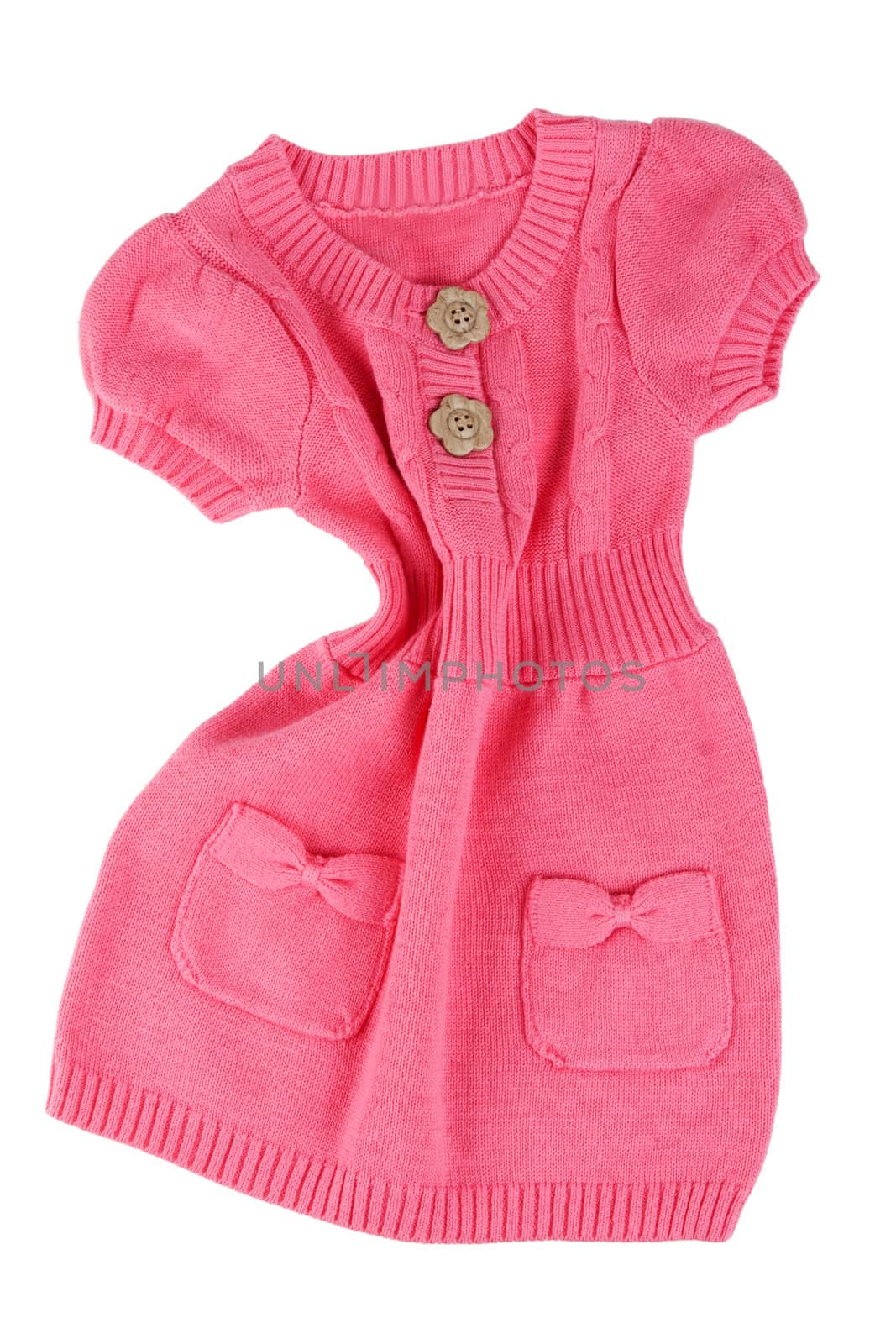 Red knitted baby dress on a white background