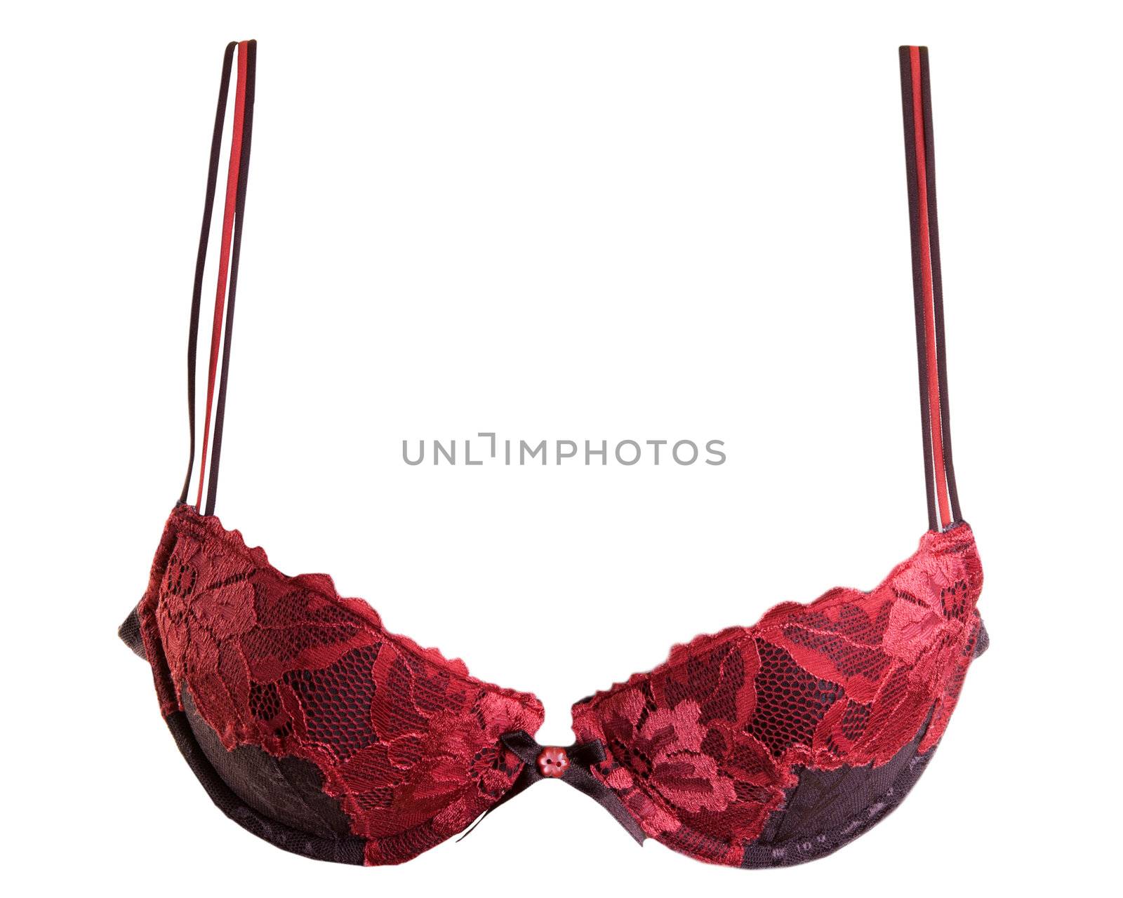 Bra with a red ornament in the shape of flowers on a white background