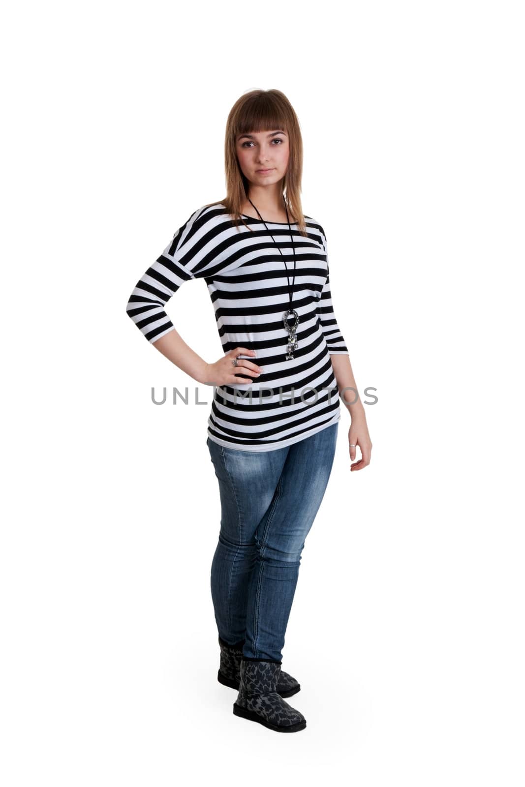 girl in a striped dress isolated on white background
