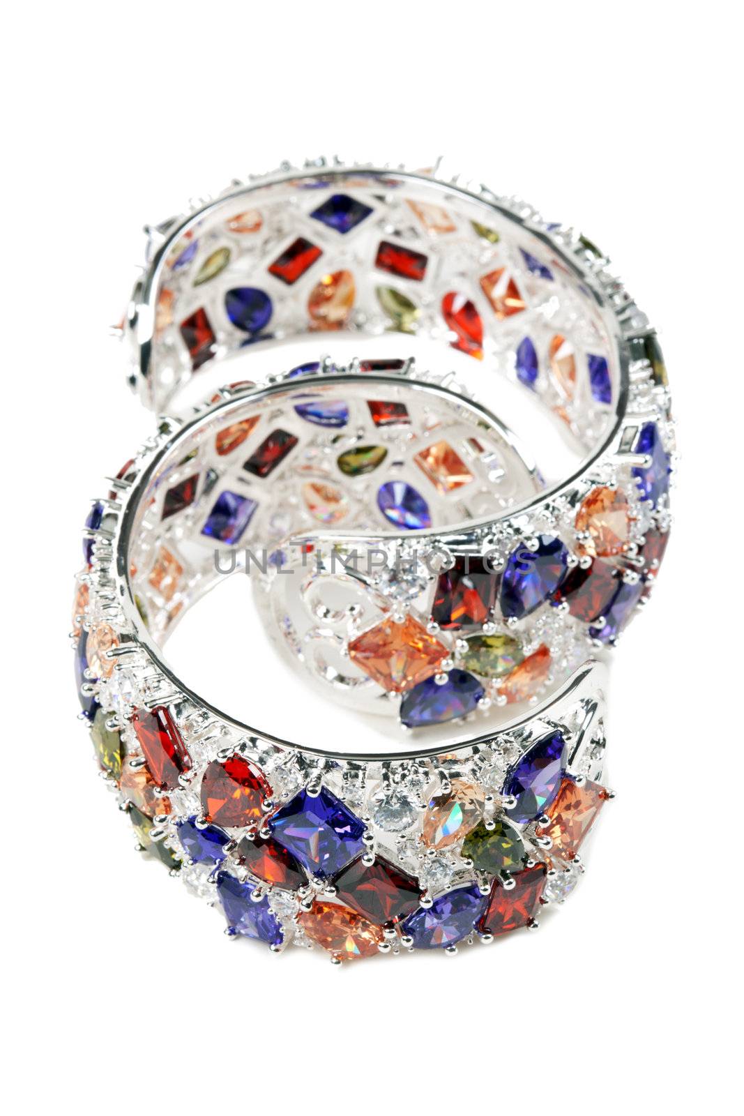 silver bracelet with stones on a white background