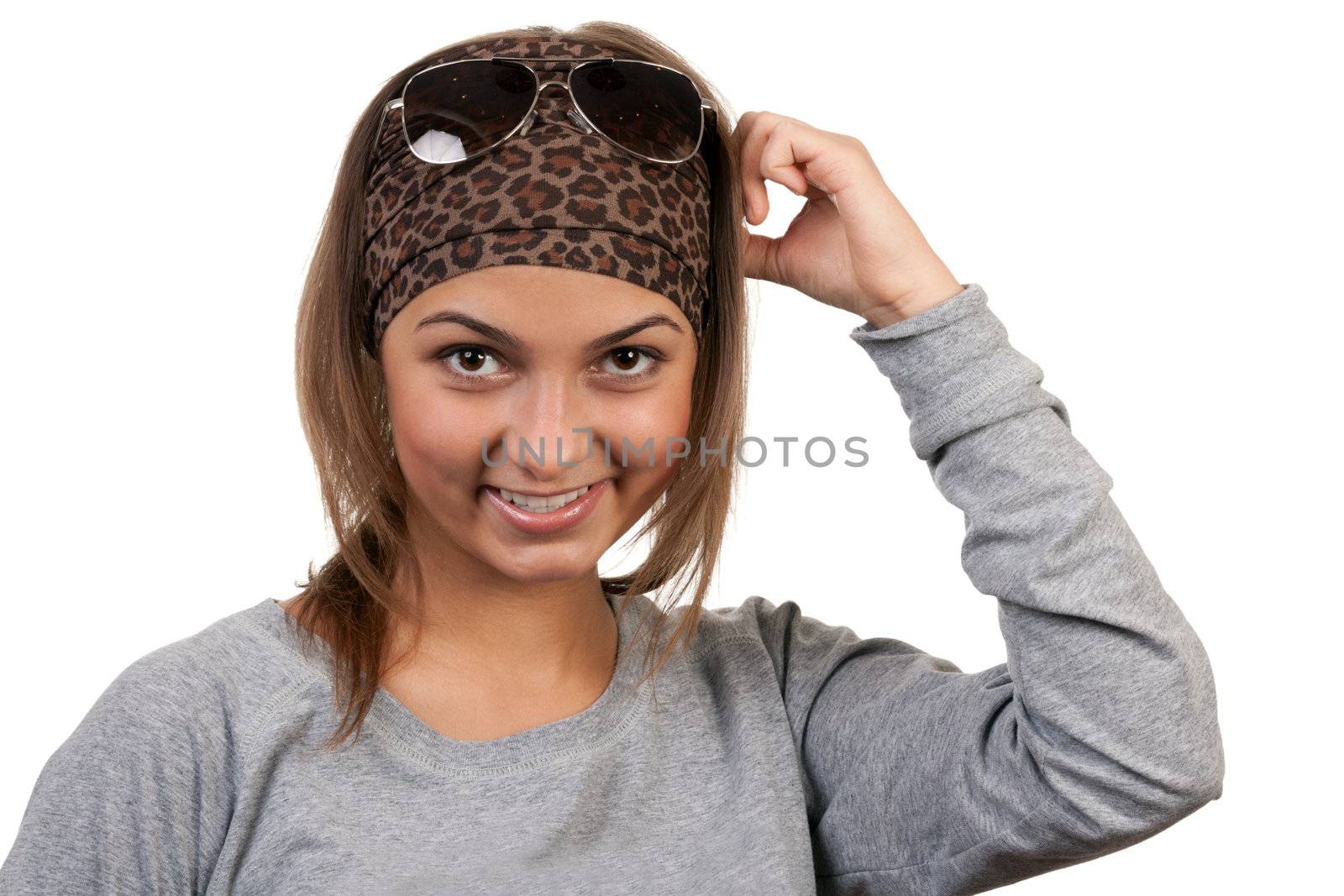 portrait of a girl with glasses in a leopard scarf on a white background