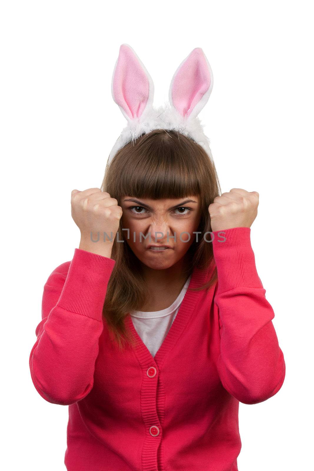 girl with rabbit ears isolated on white background