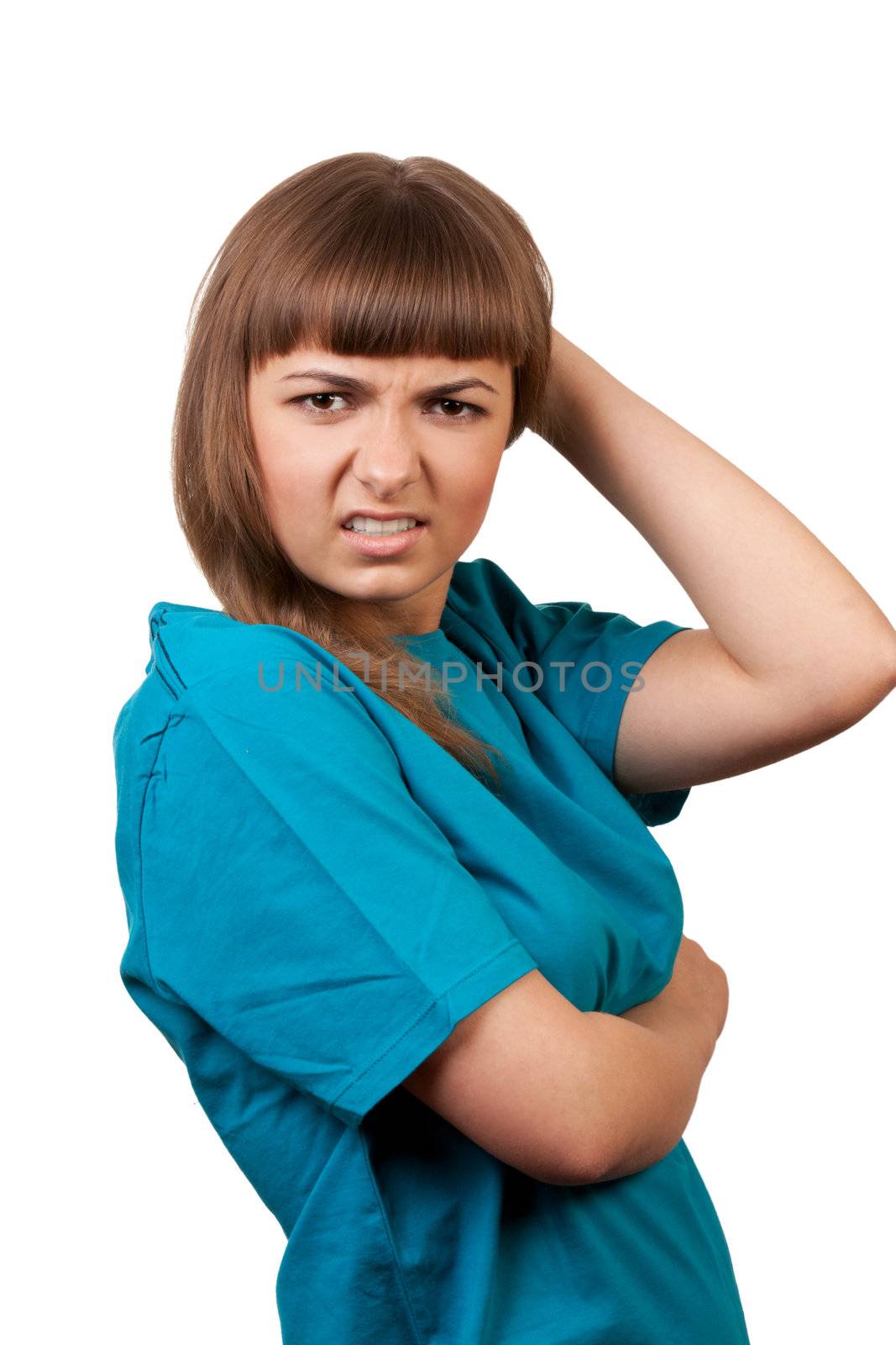 portrait of a young brunette, isolated on a white background