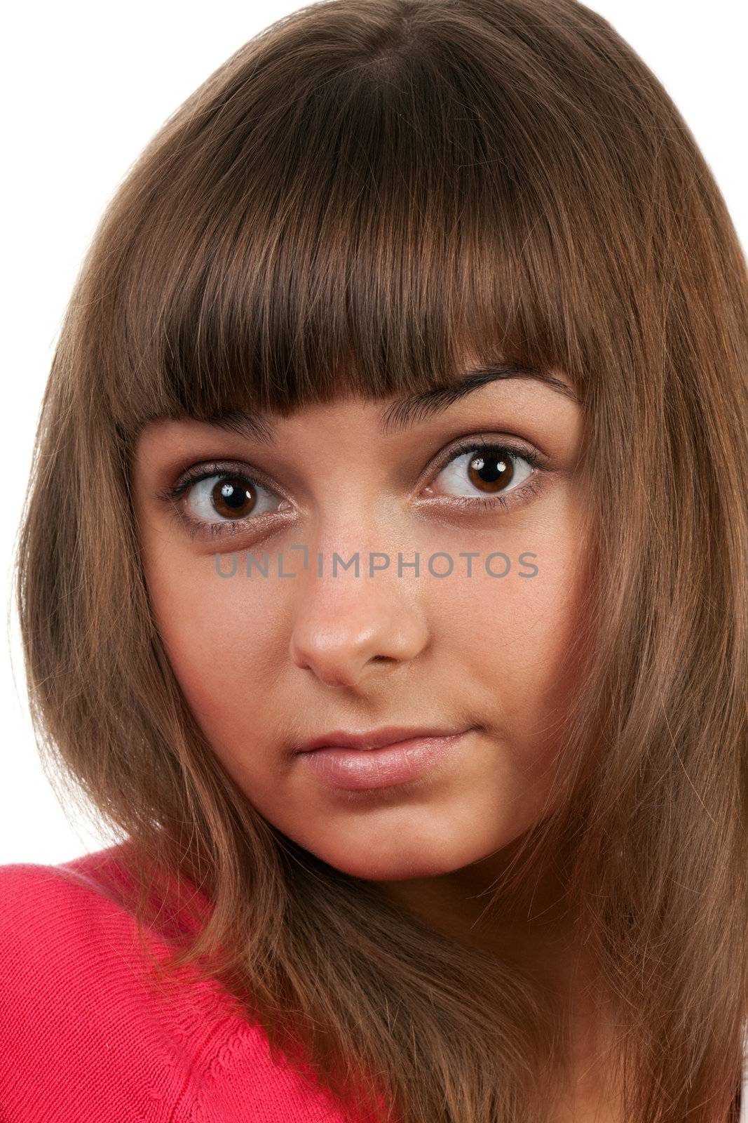 portrait of the brunette in a red sweater isolated on a white background