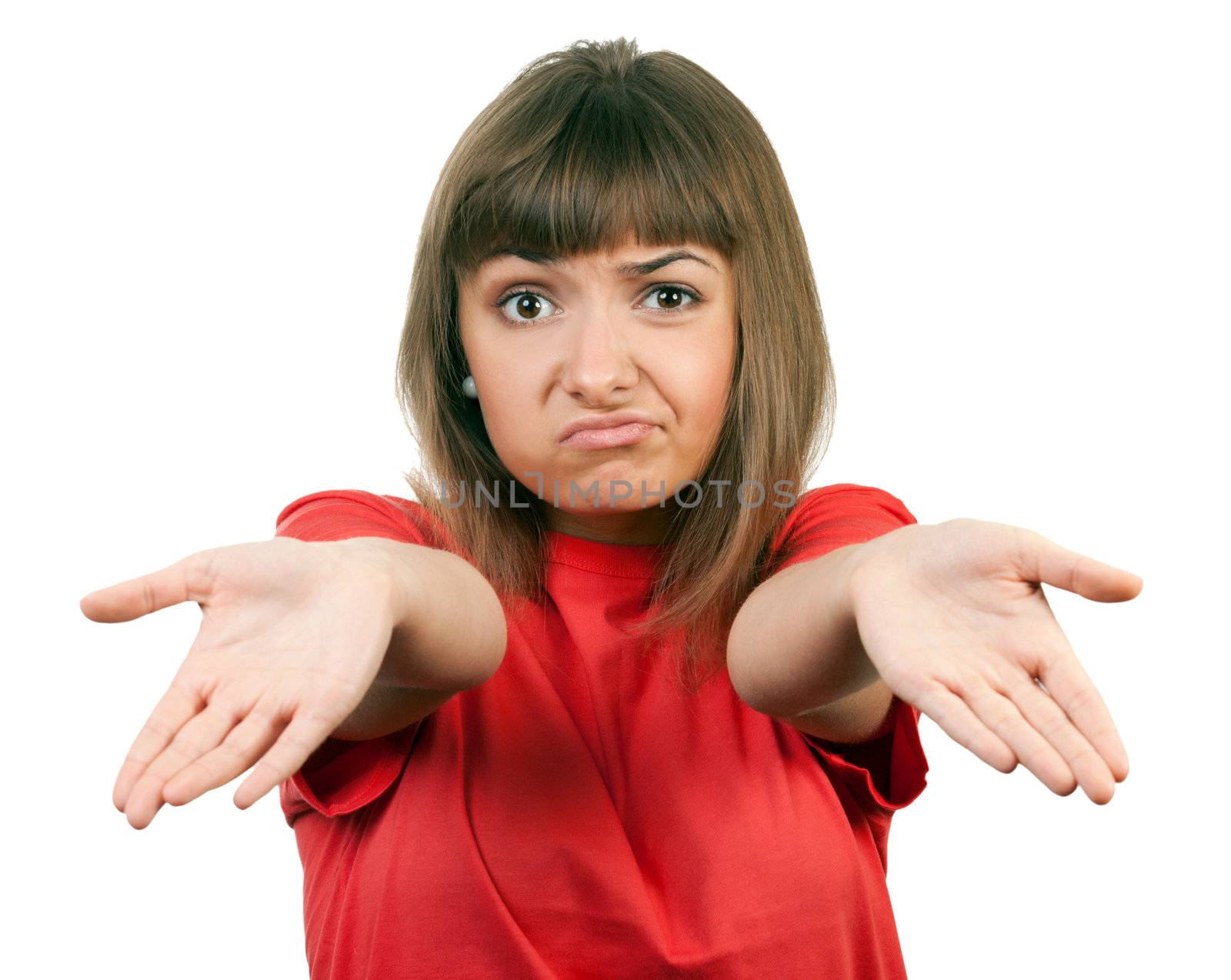 portrait of the brunette in a red sweater isolated on a white background