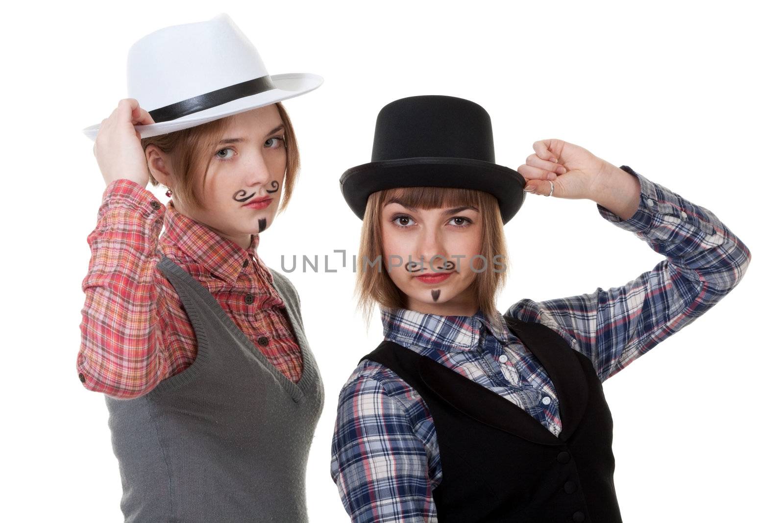 Two girls with painted mustaches and bowler hats on white background
