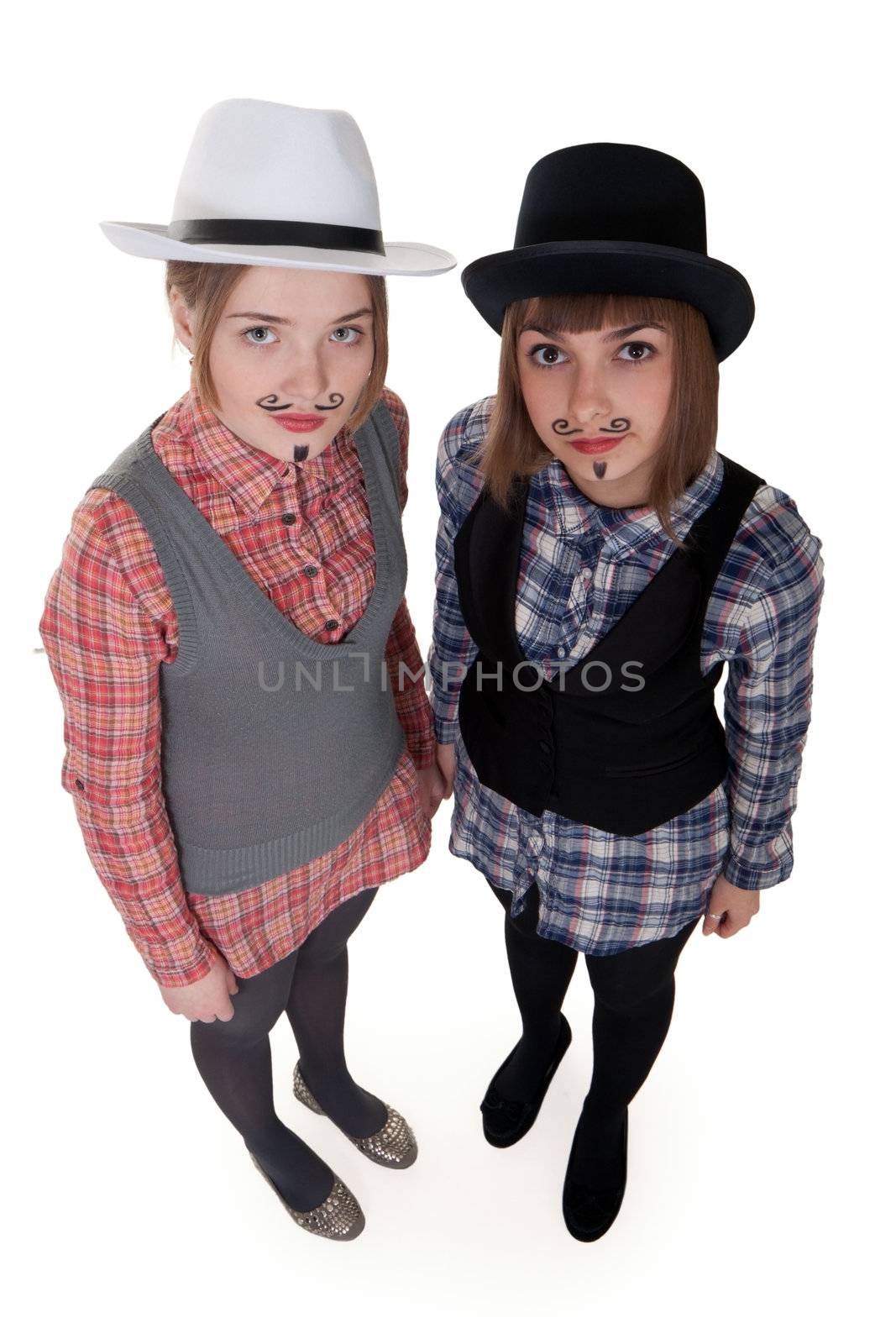 Two girls with painted mustaches and bowler hats on white background