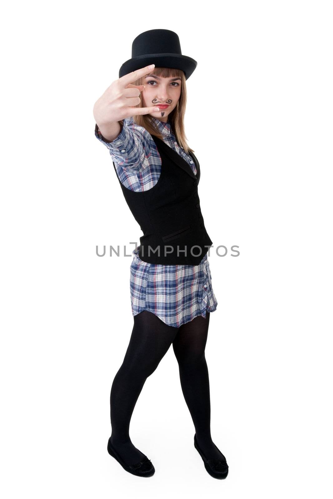 girl with painted mustaches and bowler hats on white background