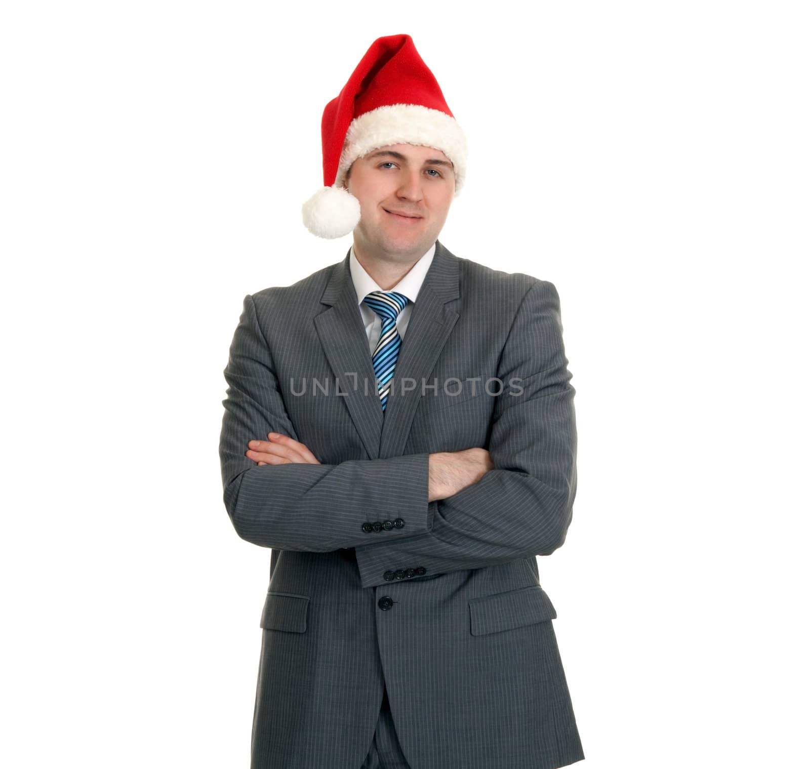 businessman in the Santa hat on a white background