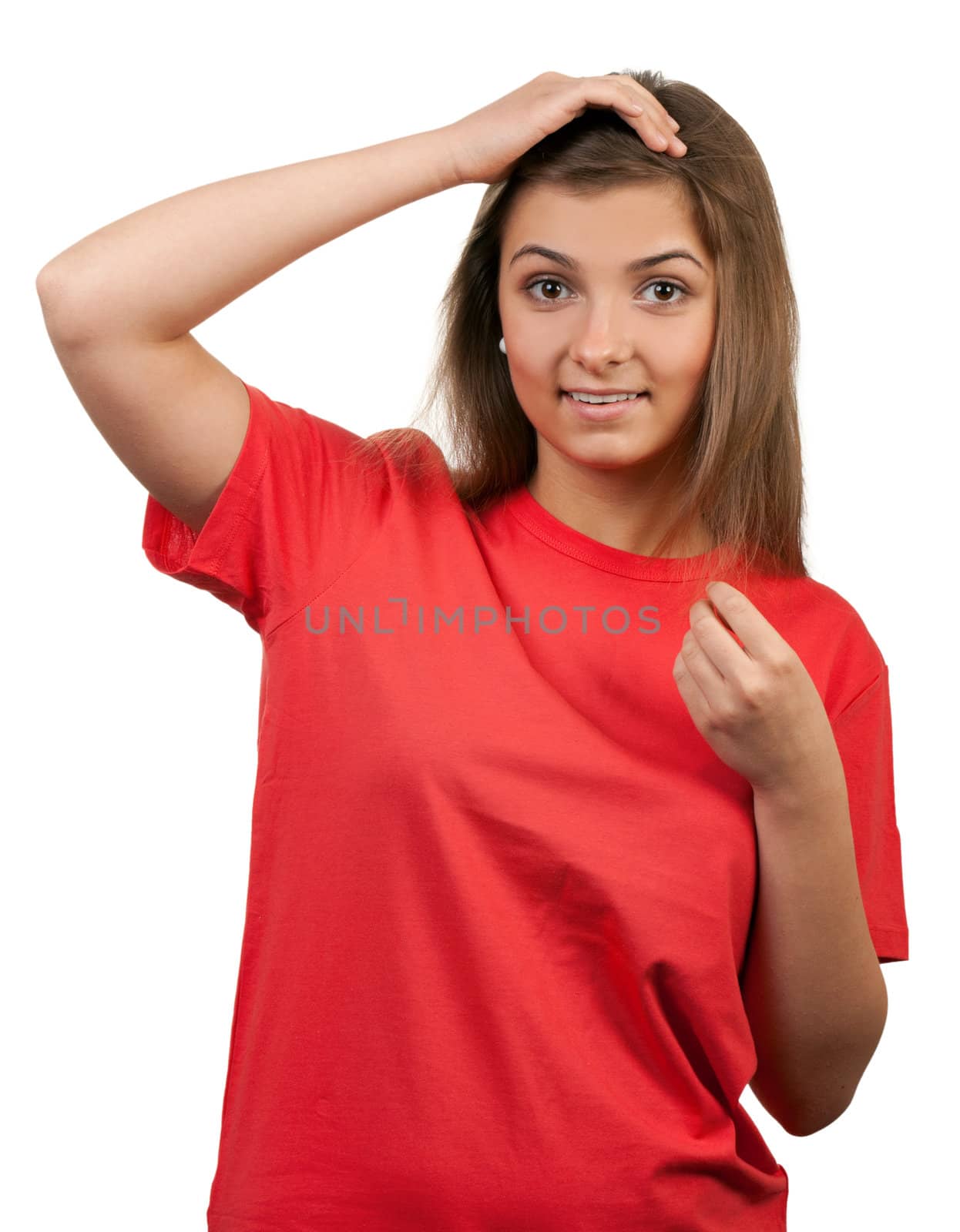 portrait of the brunette in a red sweater isolated on a white background