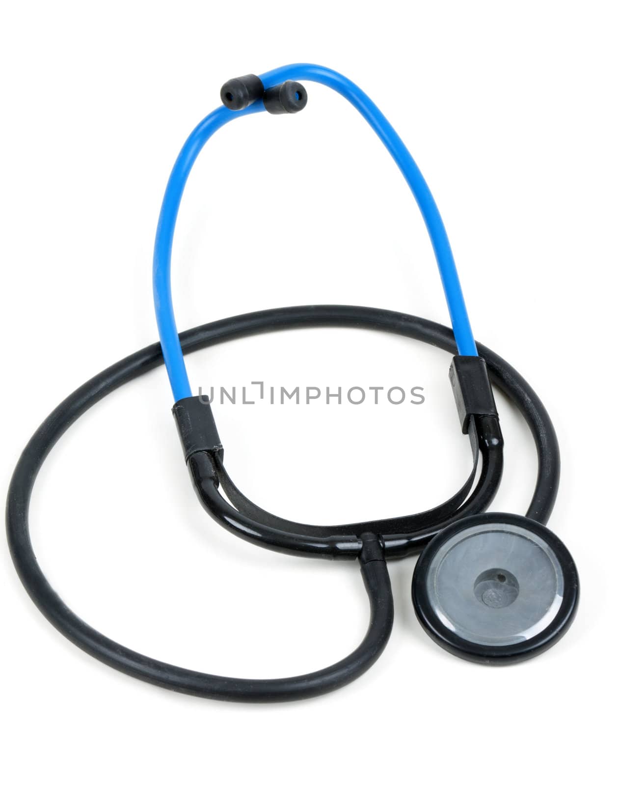 blue plastic medical stethoscope isolated on white background
