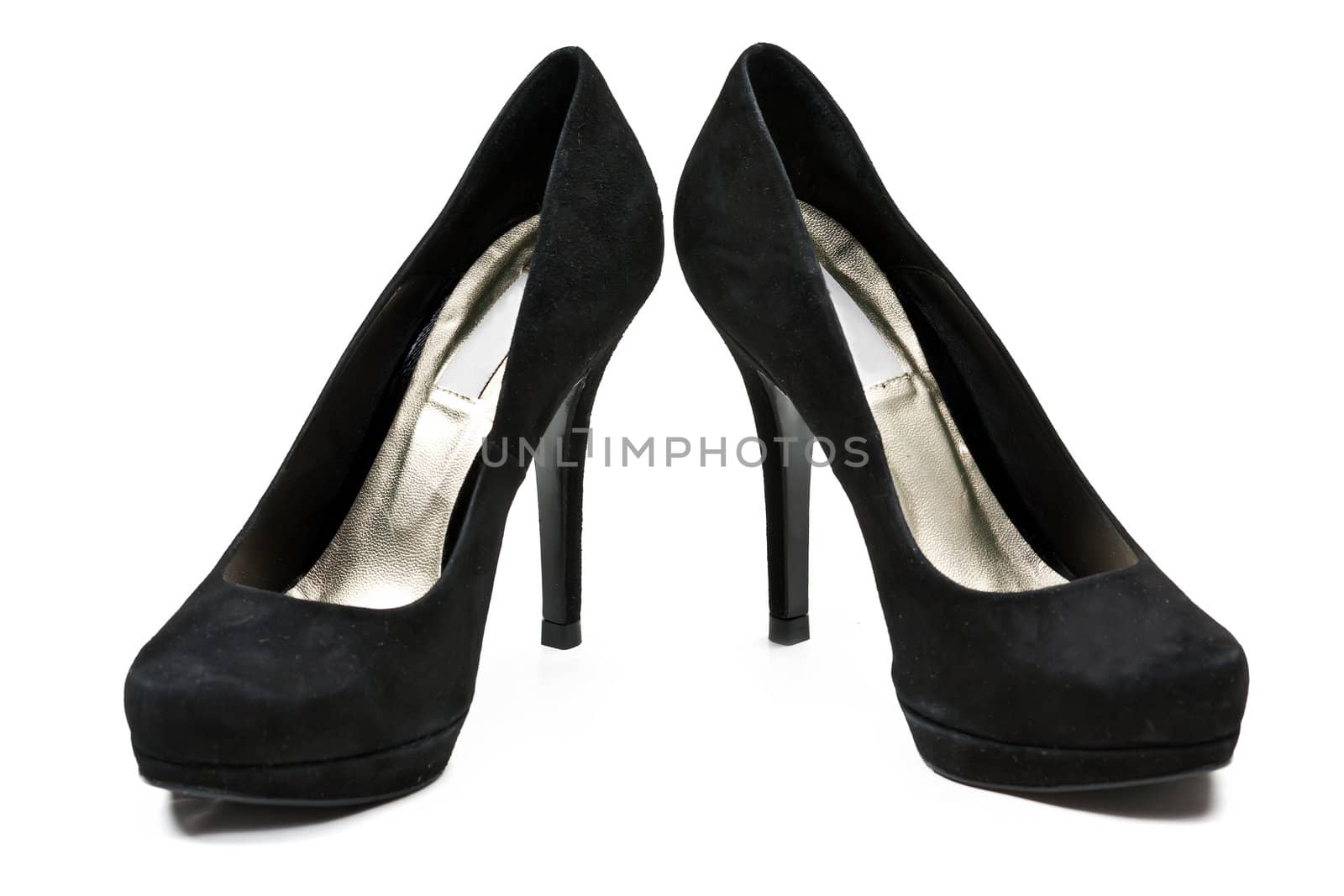 pair of black suede women's high heel shoes isolated on white background