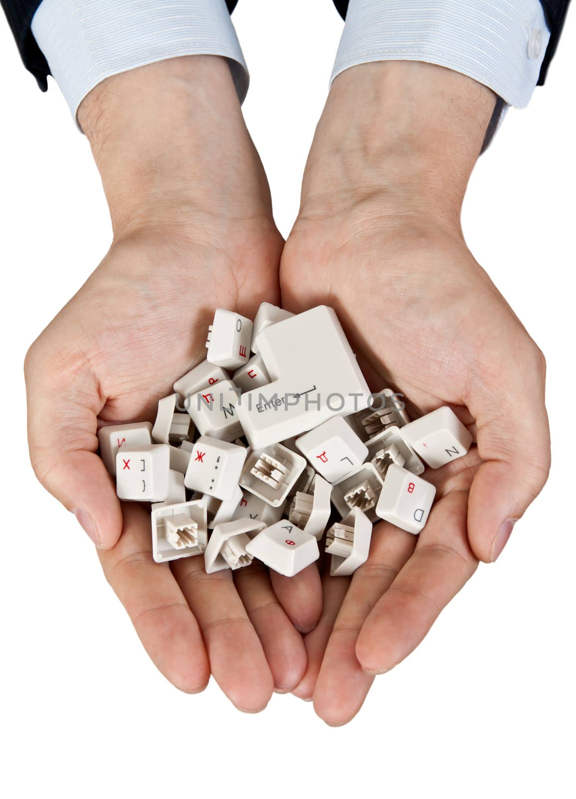 handful of keys on the keyboard in the men's hands on a white background