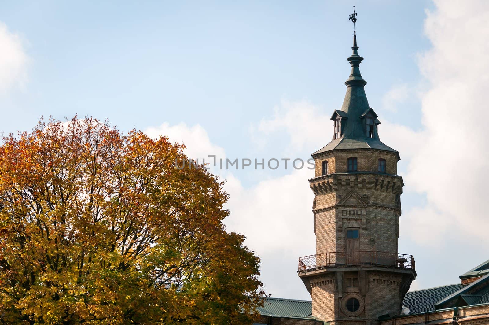 Vintage brick tower above autumnal park with blue cloudy sky