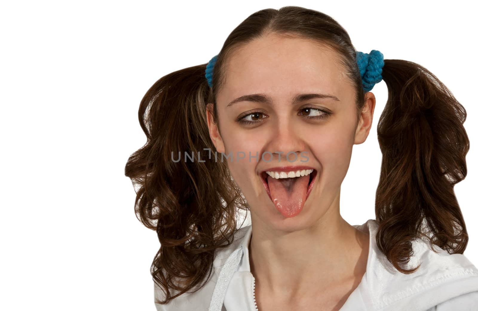 girl with pigtails shows the language on a white background