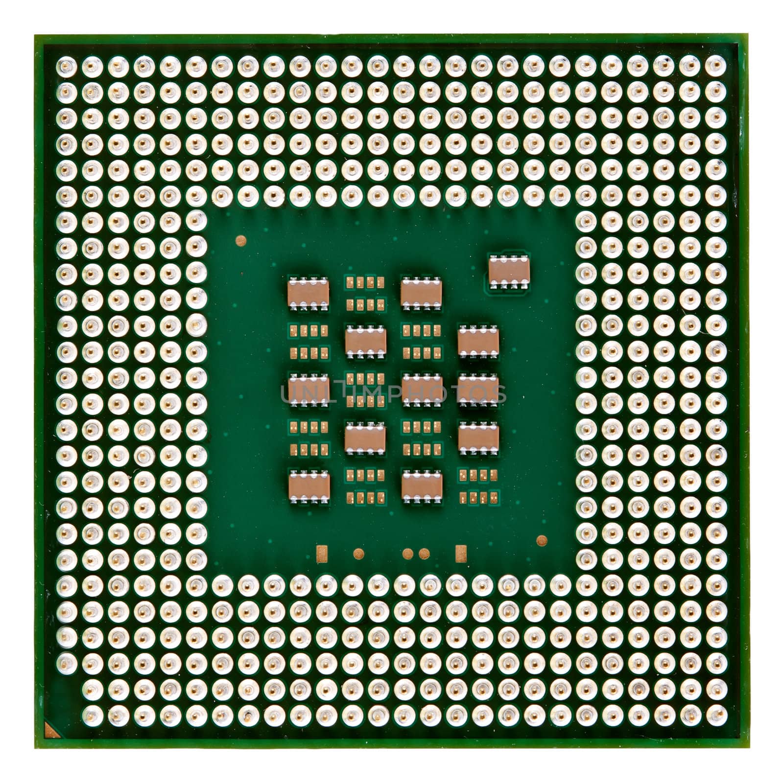 processor with gold contacts isolated on a white background