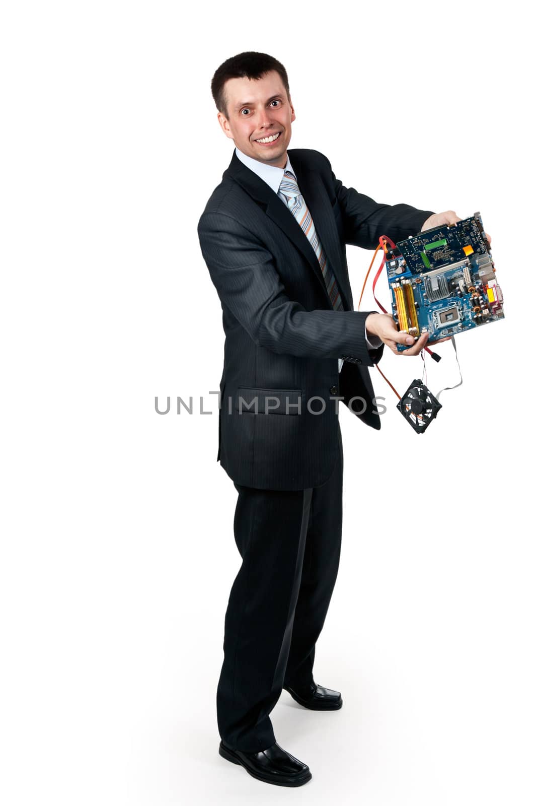 happy businessman presents broken computer on a white background