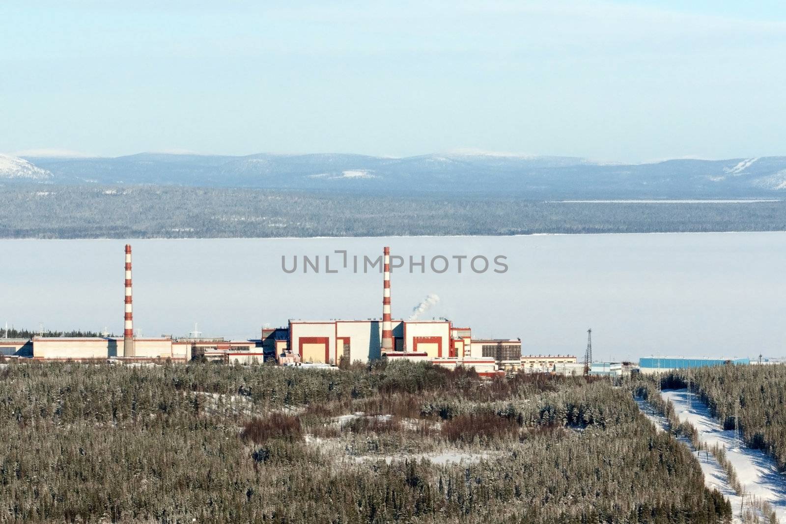 View of the Kola nuclear power station from the mountain. Industrial landscape