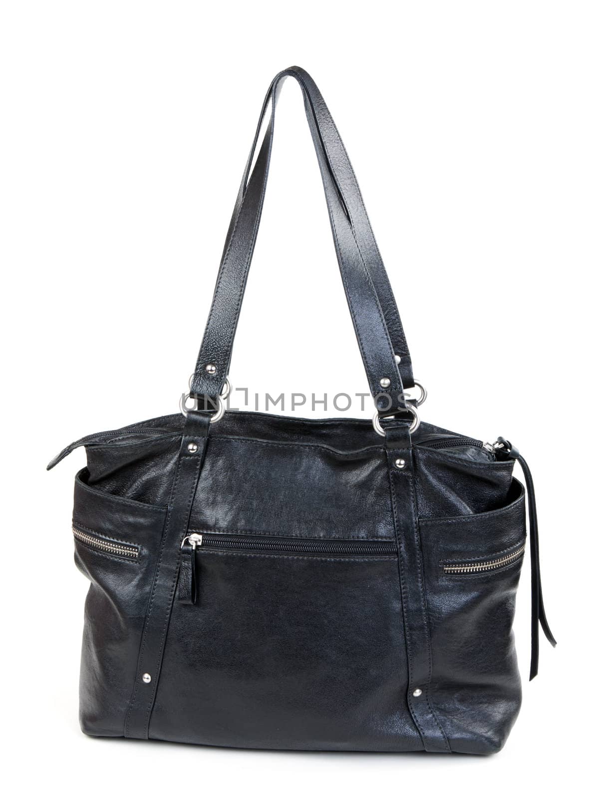 Black leather ladies handbag isolated on a white background