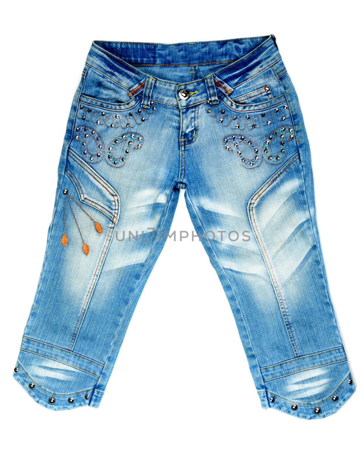 blue denim breeches with steel studs on white background