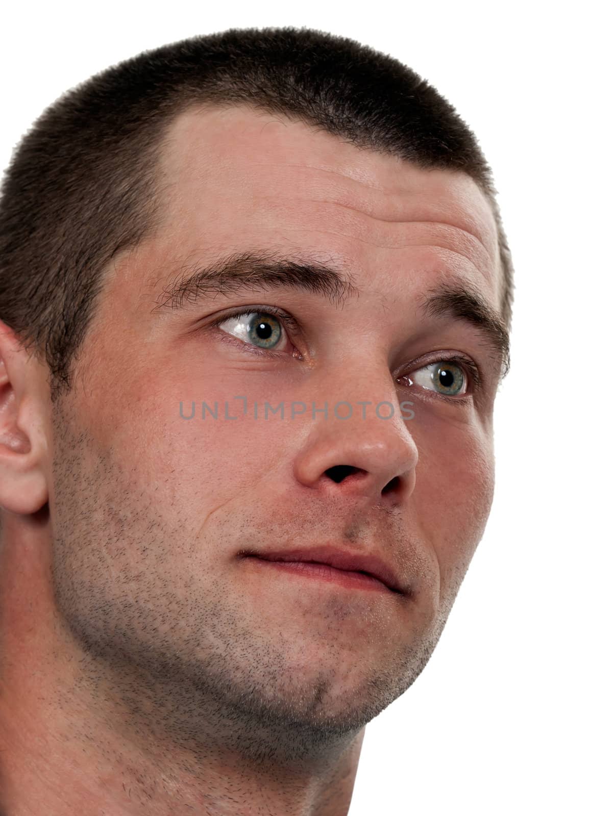 portrait of pensive looking unshaven men on a white background