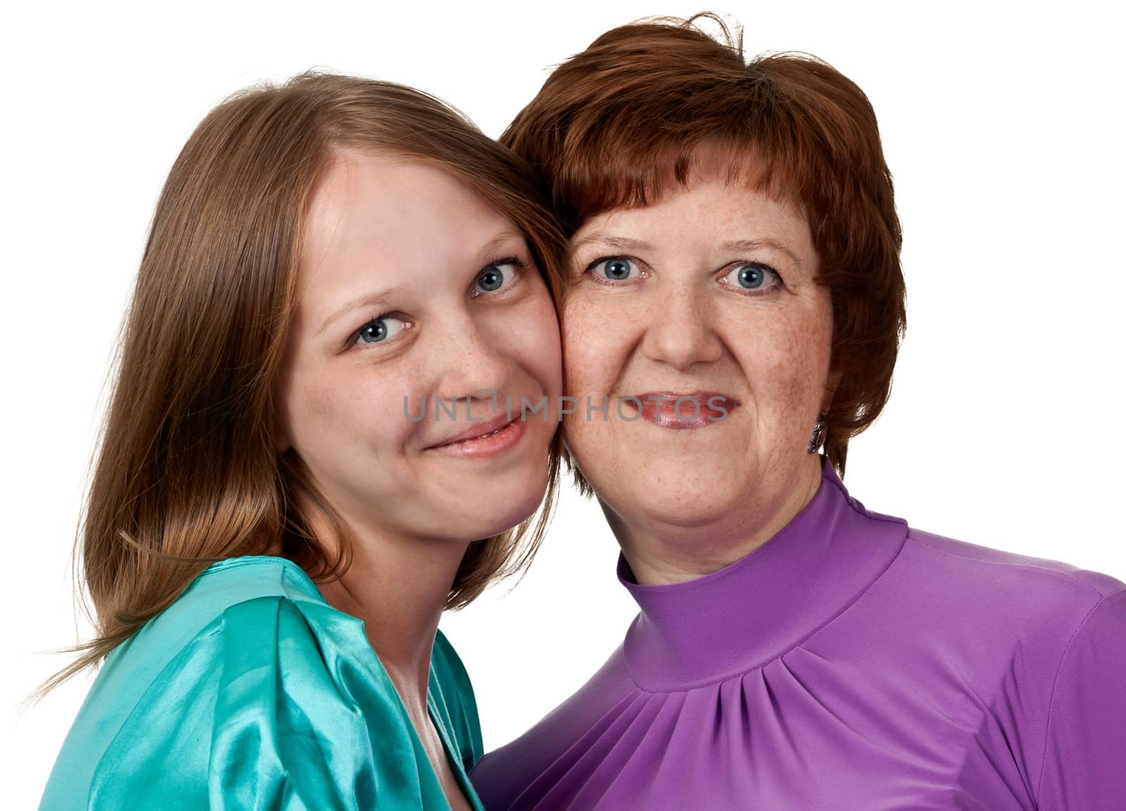 portrait of a middle-aged mother with a young daughter on a white background