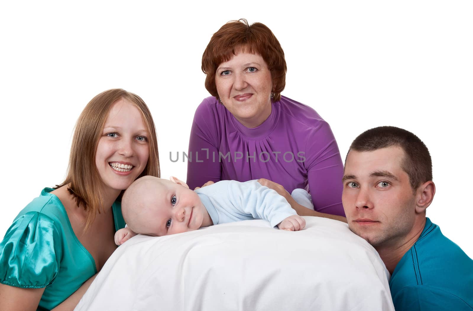 mom, dad and grandmother with a baby on a white background