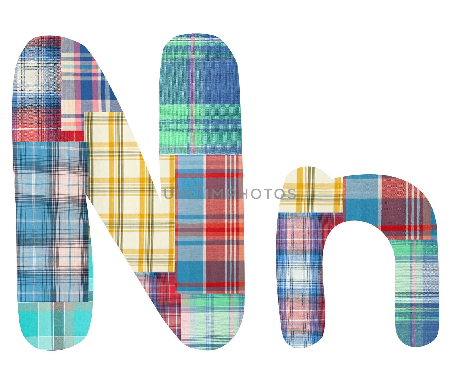 collage letter "N" of the color patches checkered fabric on a white background