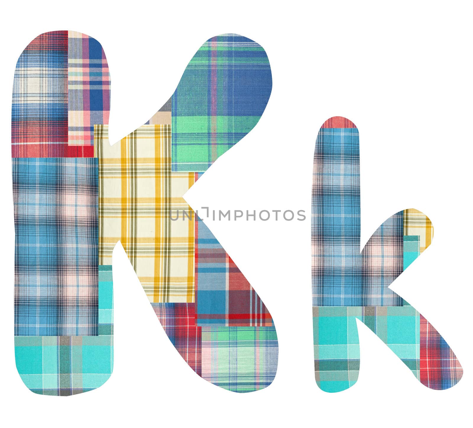 collage letter "K" of the color patches checkered fabric on a white background