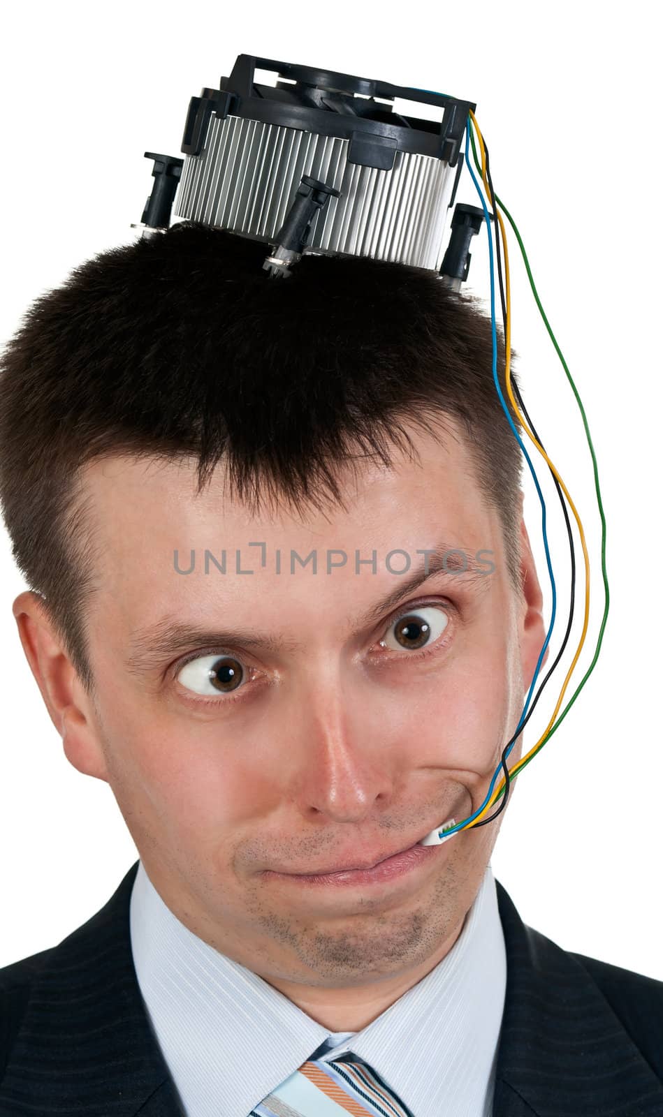 Portrait of businessman with the computer cooler on his head