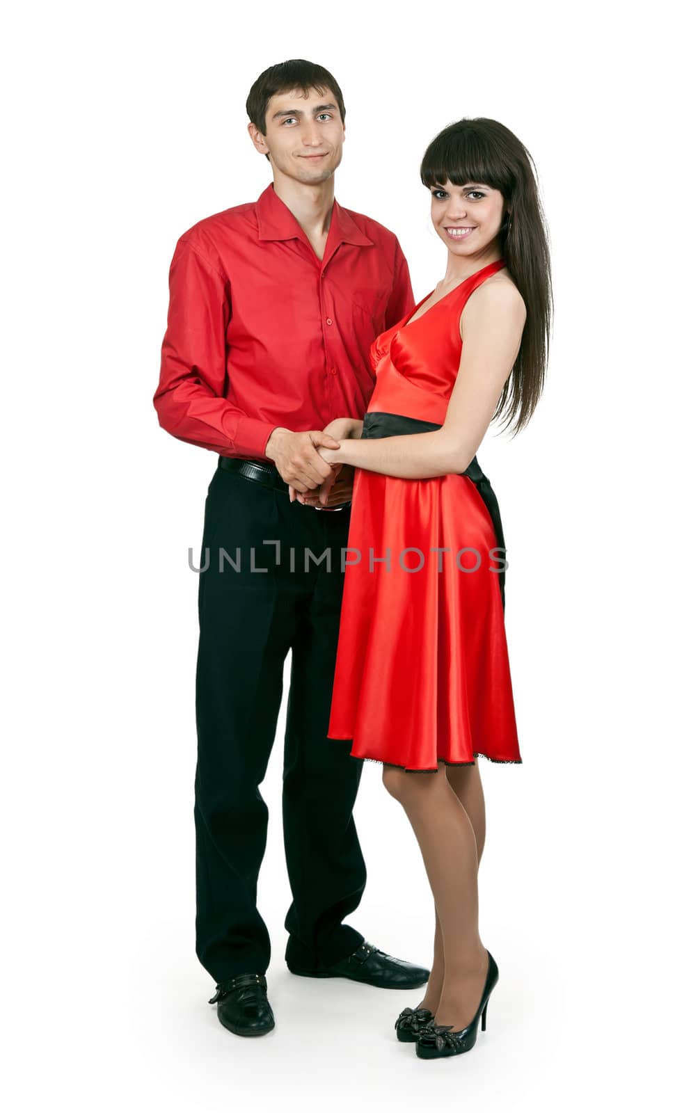 man and woman in a red dress on white background